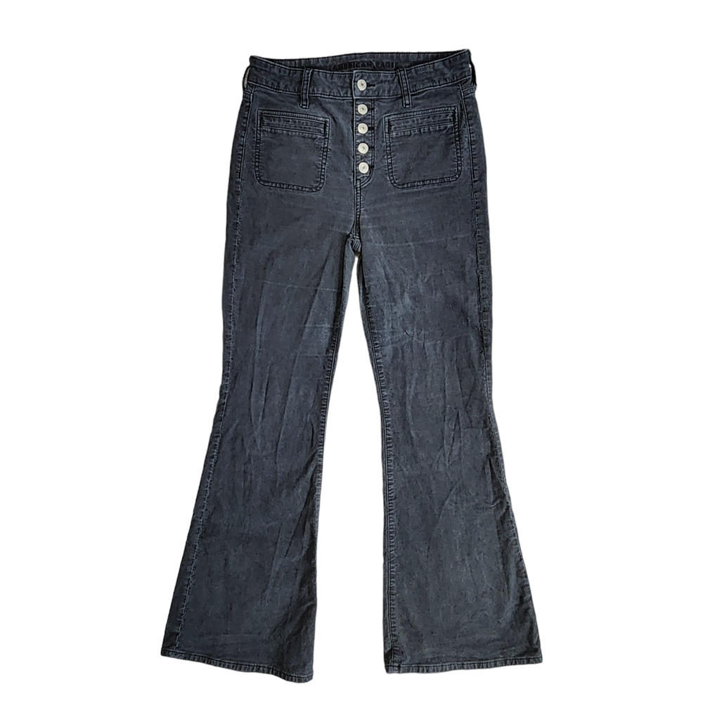 American Eagle Women Corduroy Pants SZ 6 Gray Super Hi-Rise Flare Leg Button Fly